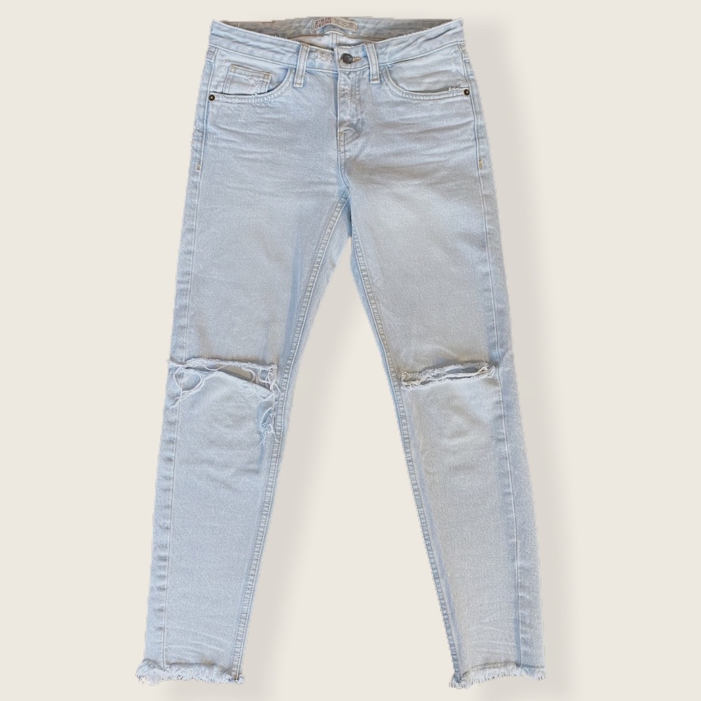 Zara Z1975 Light-Blue Wash Ripped Distressed Slim Straight Raw Hem Denim